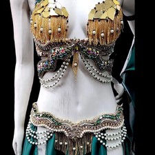 Custom Green  Gold Crystal Belly Dance Costume: Performance Show Outfit