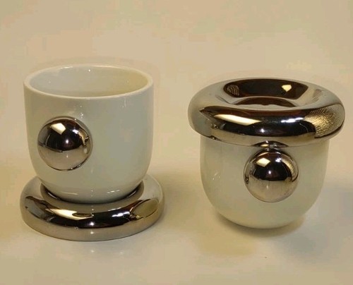 Anthropologie Set of 2 Arlo Stoneware Espresso Cup White Silver Ceramic Mugs Set - Bild 4 von 6