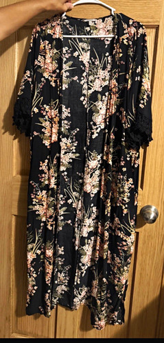JODIFL Black Floral Long Cardigan Dress 3/4 Sleeve Regular Size S