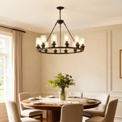 12 Light 34'' Pendant Wagon Wheel Black Farmhouse Chandelier Living Room Fixture
