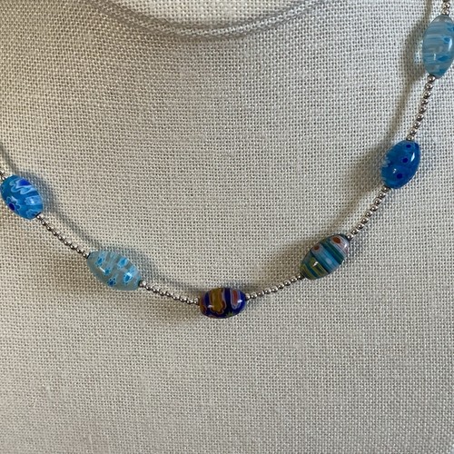 Millefiori Glass Beaded Necklace Silver tone Small Beads Adjustable Colorful - Picture 12 of 23