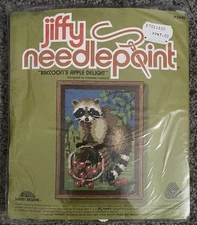 1979 Jiffy Needlepoint Kit “Raccoons Apple Delight” 5449  Raccoon Vintage SEALED