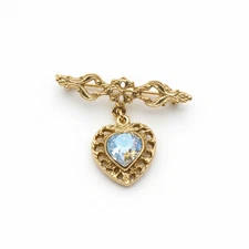 Vintage 1928 Gold Filigree Bar Brooch AB Heart Dangle Victorian Revival
