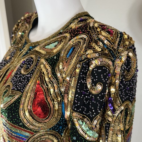 Lawrence Kazar Paisley Sequin Silk Jacket Party Gold Colorful Mardis Gras Sz S - Picture 20 of 23