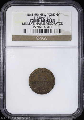(1861-65) Millers Hair Invigorator Dye Civil War Token NGC MS 63 BN | F-630AY-1A