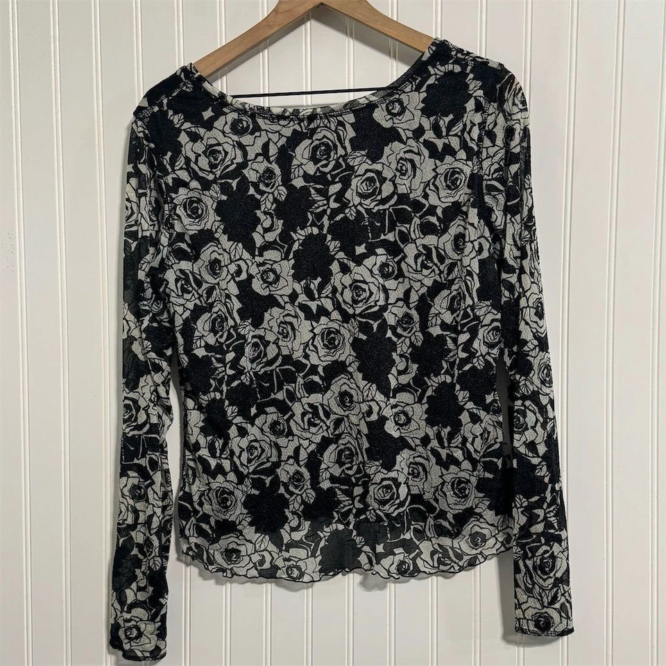 Top de malla blanco negro tocador estampado floral rosa manga larga transparente borde lechuga L Foto 3 de 4