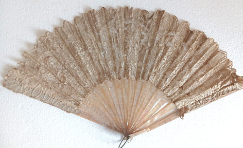 Antique Victorian Handmade Lace Fan with Mother of Pearl Sticks Circa 1870