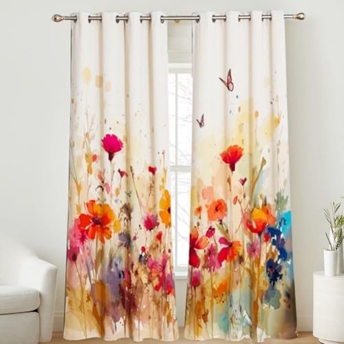 Floral Curtains Blackout Colorful 52"W x 84"L (Pack of 2) Watercolor Flowers - Picture 2 of 5