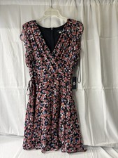 NWT Sz 12 Tommy Hilfiger Dress Spring Summer Coral/Navy Floral Ruffled Faux Wrap