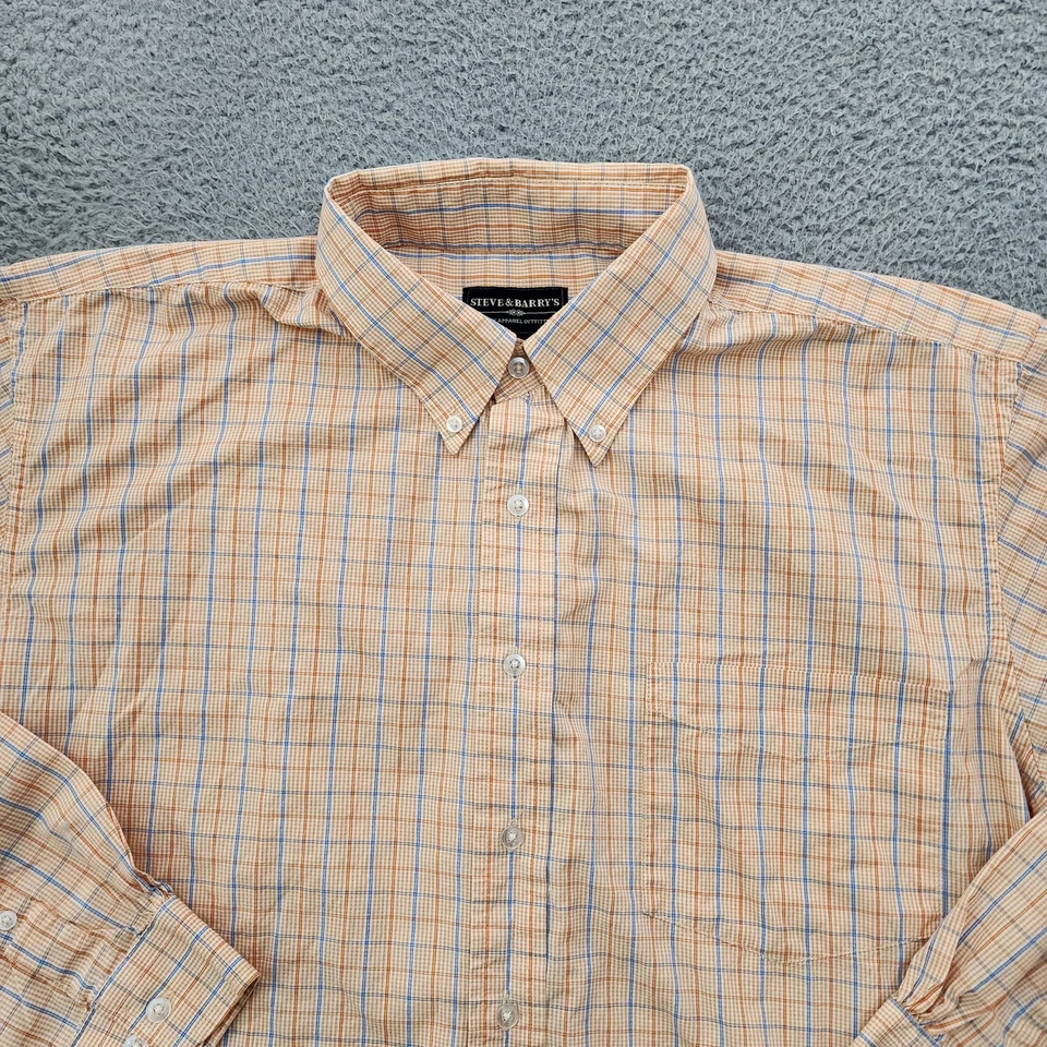 Camisa Steve & Barry's Para Hombre 2XL Naranja Azul Cuadros Abotonada Manga Larga Algodón Foto 2 de 4