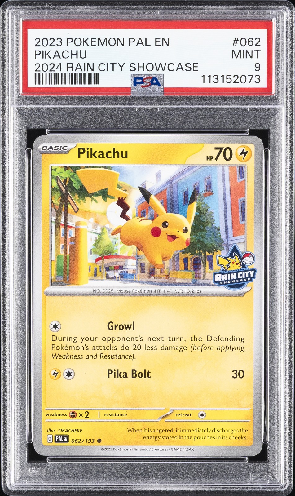 2023 POKEMON PAL EN-PALDEA EVOLVED 2024 RAIN CITY SHOWCASE #062 PIKACHU PSA 9