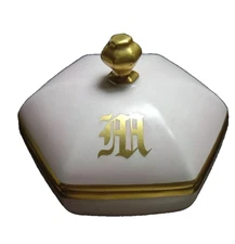 Vtg. Limoges France Trinket Dish, Pink & Gold Guilted Rims & Handle Legs