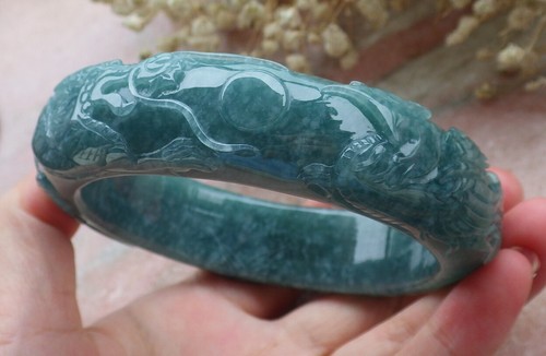 Certified Blue Green JADE Jadeite Dragon Phoenix Bangle Bracelet 69mm 589351 AS - Picture 3 of 13