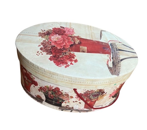 Vintage Kathryn White Floral Oval Hat Box 2011 14”x11”