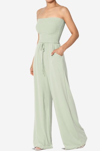 TheMogan Strapless Wide Leg Jumpsuit Casual Smocked Bodice Flowy Pants One-Piece - Picture 47 of 49
