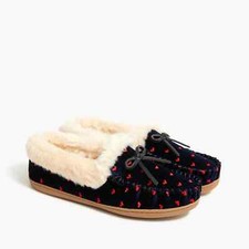 NWOT J Crew Slippers Blue Velvet Moccasins Faux Fur Lined Embroidered Hearts 7
