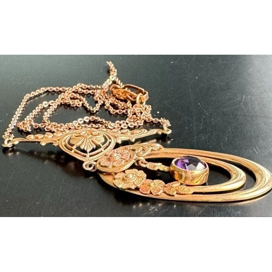 COLLAR VINTAGE ORO AMARILLO Y AMATISTA MOTIVO FLORAL CIELO Foto 4 de 4