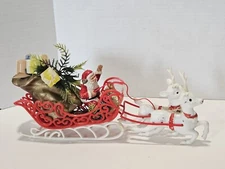 Vintage Florabelle Flowers Red Plastic Sleigh Centerpiece w/ Santa and Reindeer