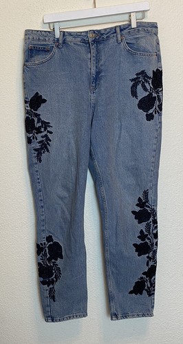 Blue Floral Embroidered Denim Jeans 