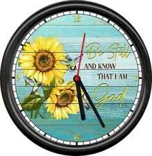 Beautiful Yellow Sunflower Be Still Know That I Am God Christian Sign Wall Clock