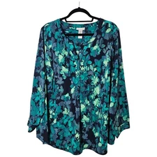 Catherines XL 18 20 Blouse Green Blue Watercolor Top Flowy Tunic V Neck