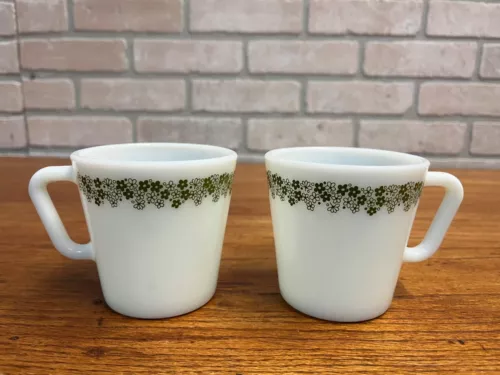 2 Vintage PYREX Corelle Mugs Cups Spring Blossom Crazy Daisy Glass Green