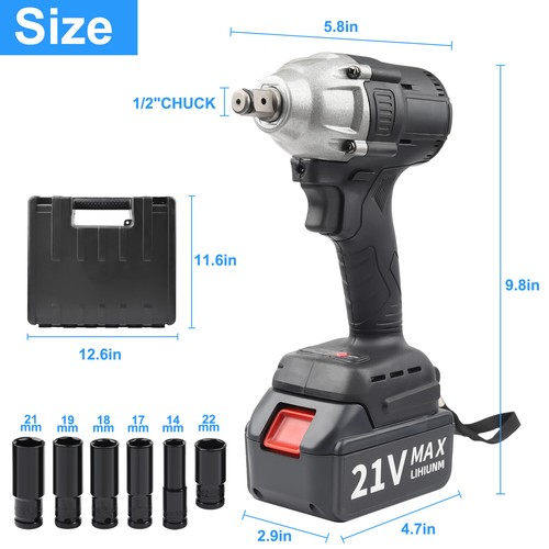 800Nm 1/2'' Electric Impact Wrench Cordless Brushless Gun 2 Battery Driver Tool - Picture 12 of 13