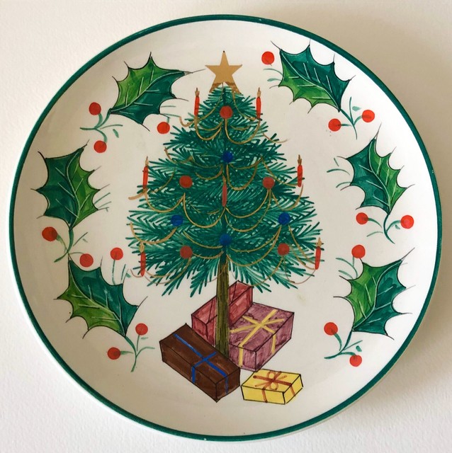 Vintage 1950 CHRISTMAS TREE Presents LUNCH Plate Hand Painted In Italy