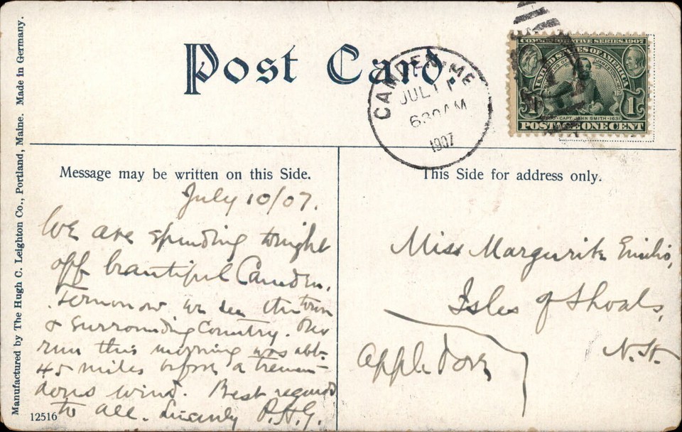 Casco Bay Maine Evergreen Landing Pumpkin Knob postcard mailed