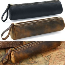 Cowhide Leather Pen Handmade Pouch Zipper Pencil Case Stationery Storage New