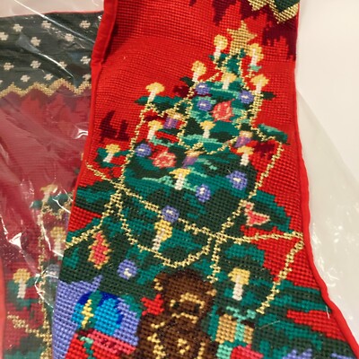 Vtg New Dead Stock 2 Large Wool Needlepoint Christmas Stockings Christmas Tree