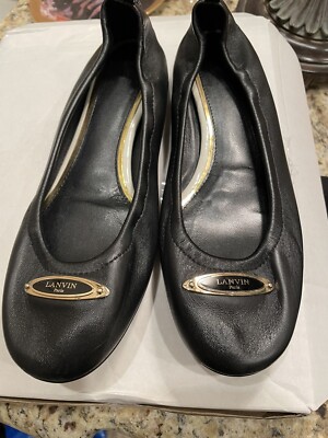 Lanvin Paris 37.5/7.5 Black Leather Logo Ballet Slippers EUC BEAUTIFUL!!