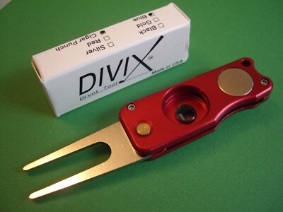 DIVIX GOLF switchblade DIVOT TOOL in RED SATIN w/ Cigar Punch -MADE IN THE USA!