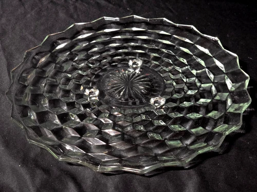 Vintage FOSTORIA AMERICAN 12.5" Crystal Clear Footed CUBIST Cake Sandwich Plate