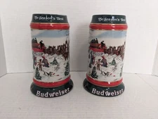 VTG 1991  Anheuser Busch  Budweiser Christmas Beer Stein- Clydesdales Mug- Qty 2