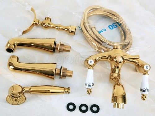 Golden Brass Deck Mount ClawFoot Bath Tub Faucet Mixer Tap w/ Handheld Shower  - Picture 3 of 7
