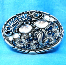 Cowgirl Belt Buckle Western Scroll Rhinestones Floral Vtg SS 3D Belt Co .MMR250