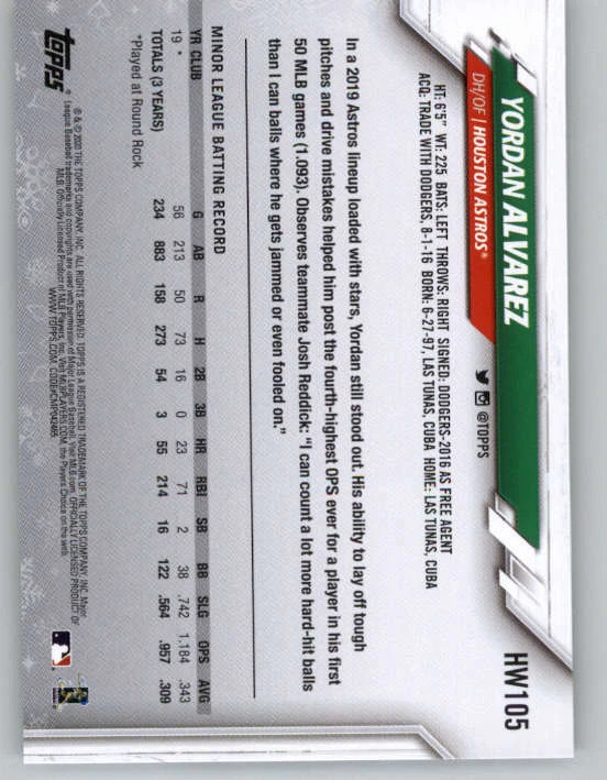 2020 Topps Walmart Holiday #HW105 Yordan Alvarez RC (ref 150383) - Image 2 of 2