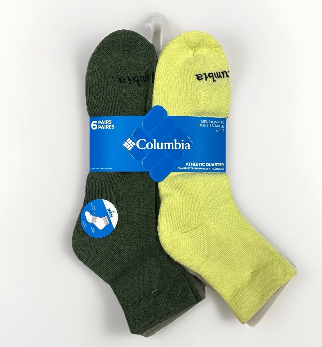 Columbia 6-Pair Men's Athletic Quarter Cut Socks Green/Beige/Volt Shoe Size 6-12
