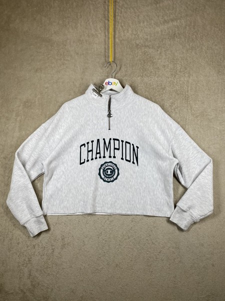 Champion Reverse Weave Cropped Sweatshirt Size M Womens Grey Long Sleeve 1/4 Zip