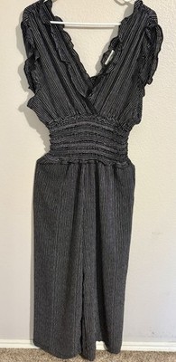 $118 Max Studio Black PolkaDot Sleeveless Ruffle Jumpsuit WideLeg 8901C46 Large