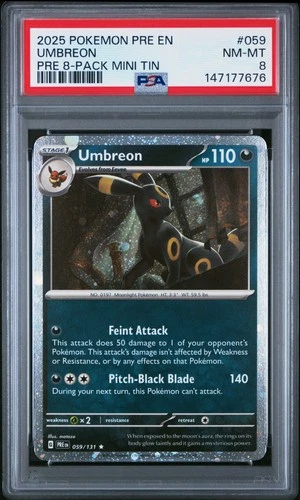 147177676 Umbreon 2025 Pokemon Prismatic Evolutions #059 8 Pack Mini Tin PSA 8