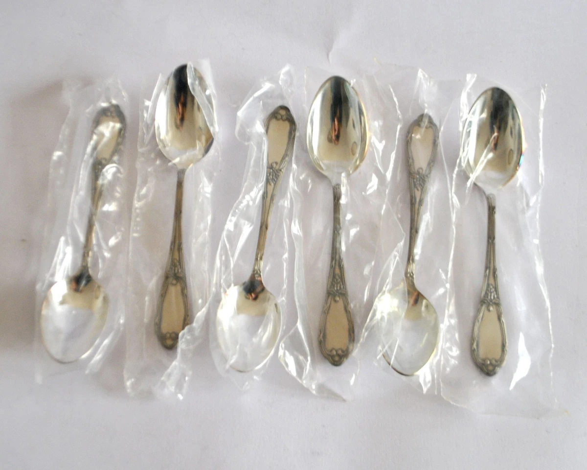 DEETJEN Lot 6 cuillères café dessert en métal argenté Rubans croisés NEUF 14.5