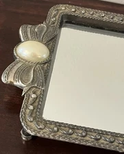 VTG Silver Rectangle Mirror Vanity Tray Pearl Accent Bows Ornate Dainty 11x5