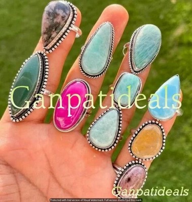 BULK !! Amazonite & More Gemstone Wholesale Lot 925 Sterling Silver Plated Rings