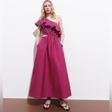 Mango One Shoulder Ruffle Cut Out Midi Dress Size 4 Magenta Pink NWOT