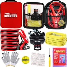 Car Roadside Emergency Kit Jumper Cables Safety Headlamp Tow Straps