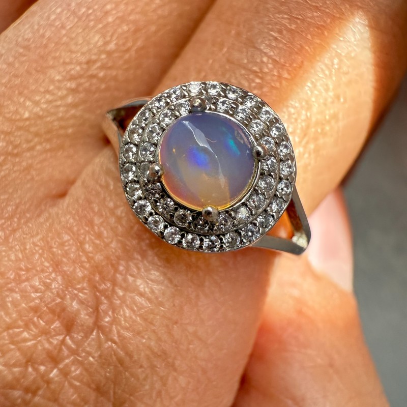 925 Sterling Silver Ring 5mm Natural Opal Gemstone Zircon Handmade Women Gift