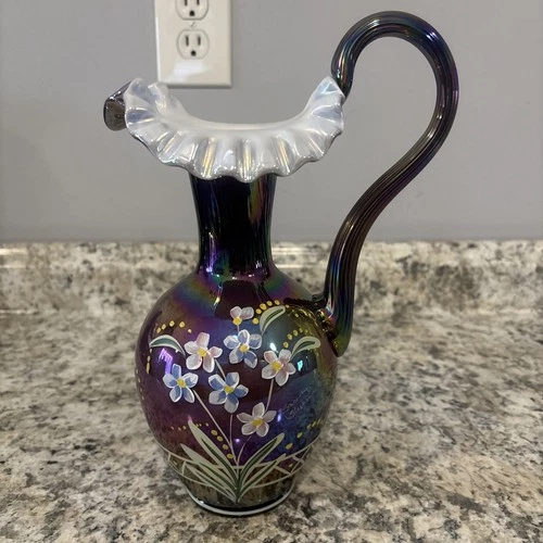 Fenton HP Plum Overlay Iridescent Pitcher 1997 Signed Frank & Bill Fenton