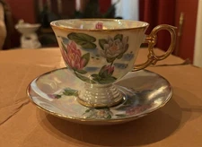 Vintage July WATER LILY Iridescent Pedestal Tea Cup & Saucer Set from Japan EUC